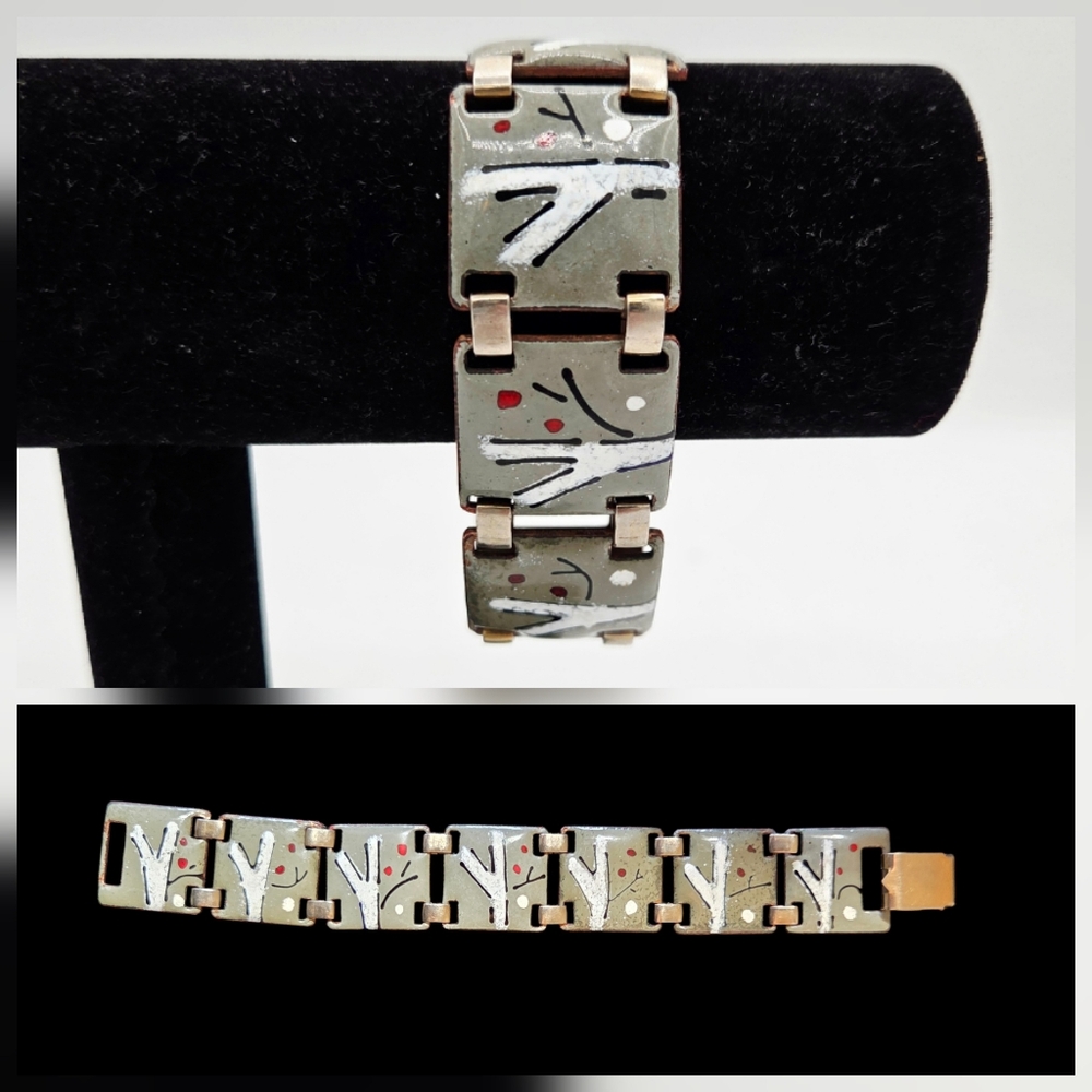 VTG Enamel On Copper Bracelet Linked Squares Nature Abstract Denning Engstrom ?